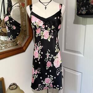 NWT Y2K Morgan Taylor Black & Pink Floral Dark Coquette Romantic Satin Slip XL